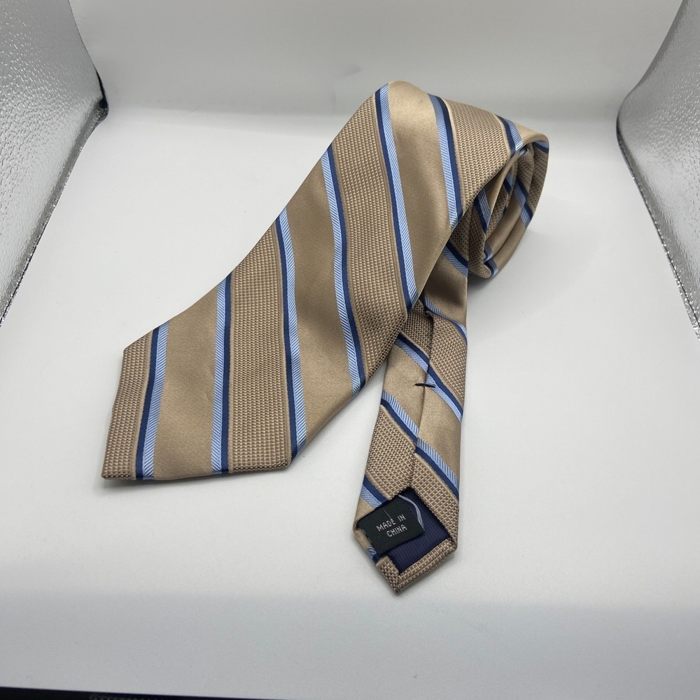 Joseph Abboud Designer Necktie Mens Taupe Blue Striped Silk Keeper Loop Business